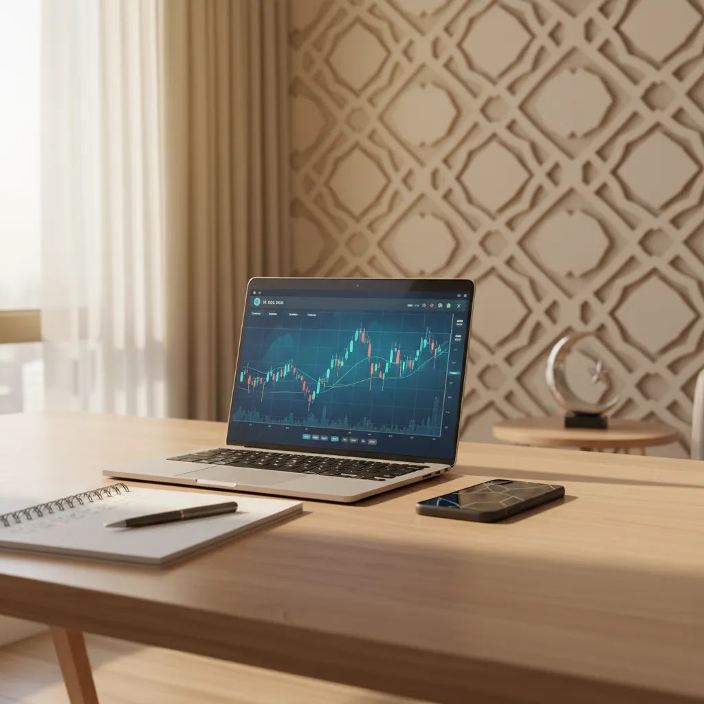 Are binary options halal UAE guide with trading desk, chart interface, and Islamic finance themed workspace