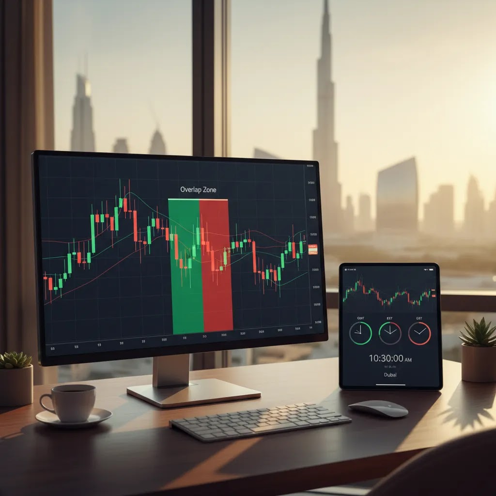 Best time to trade binary options shown on a professional UAE trading desk with charts and global session timing