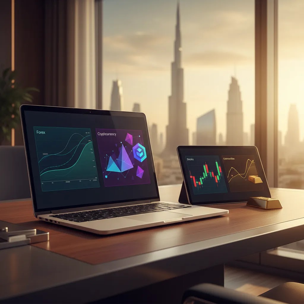 Binary options asset classes visual showing forex crypto stocks and commodities for UAE traders