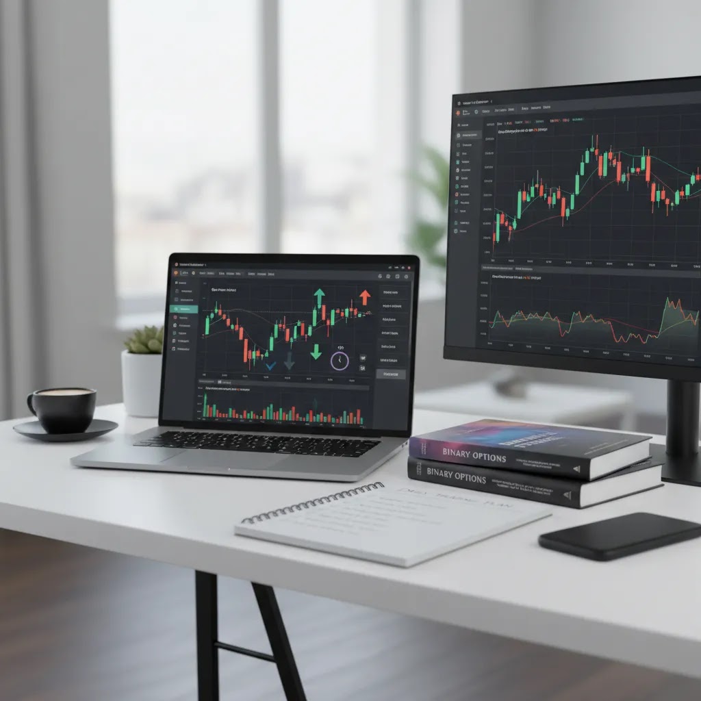 Binary options books paired with demo practice and broker checks in a professional trading setup for UAE traders