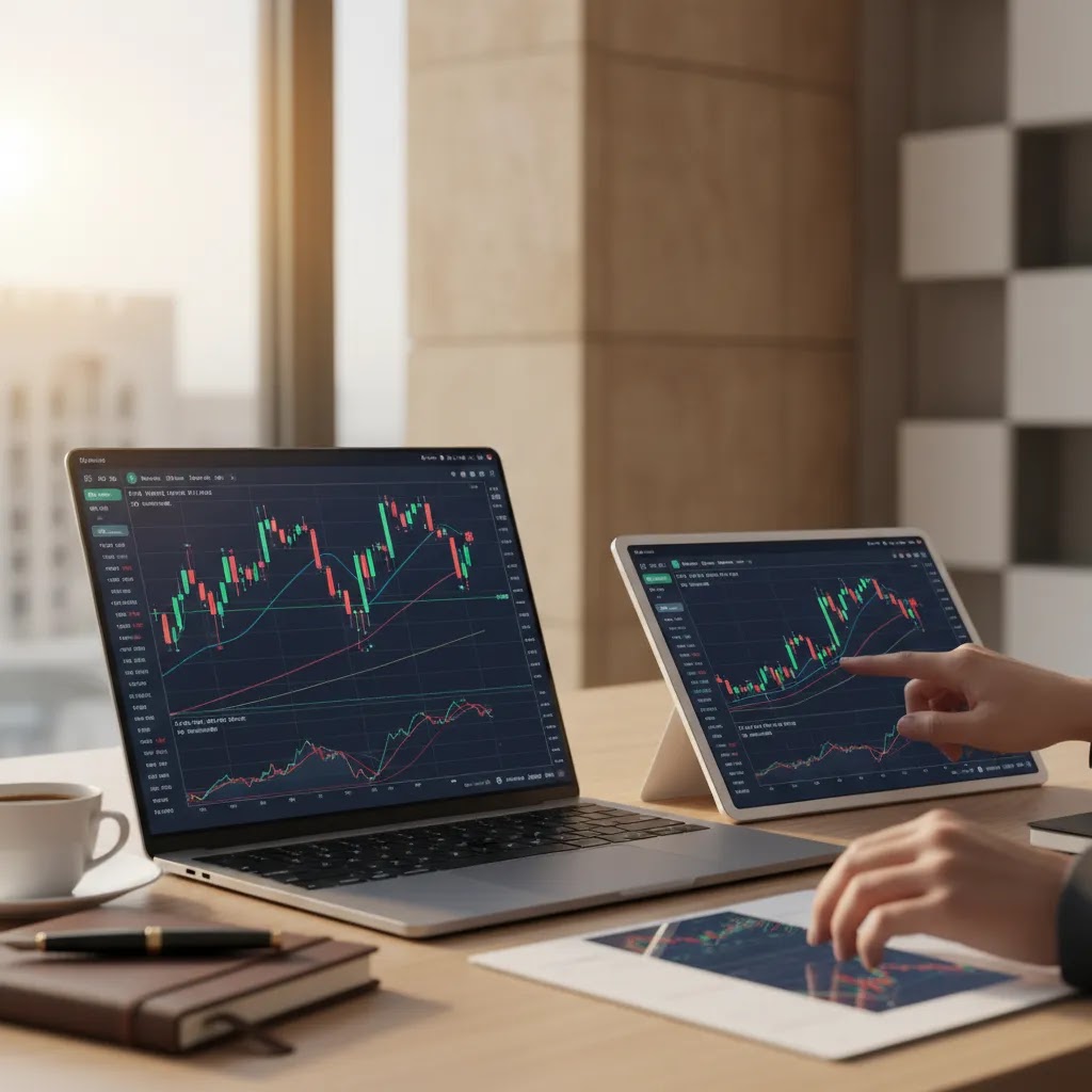 Binary options candlestick charts displayed on a professional trading setup for a beginner trading guide