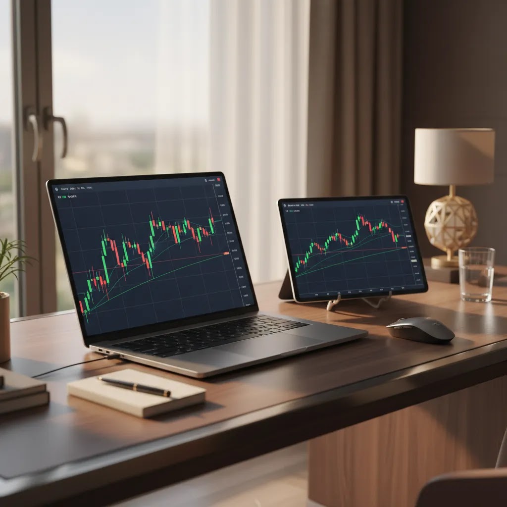 Binary options charts displayed on a modern trading setup for learning price action and candlestick analysis
