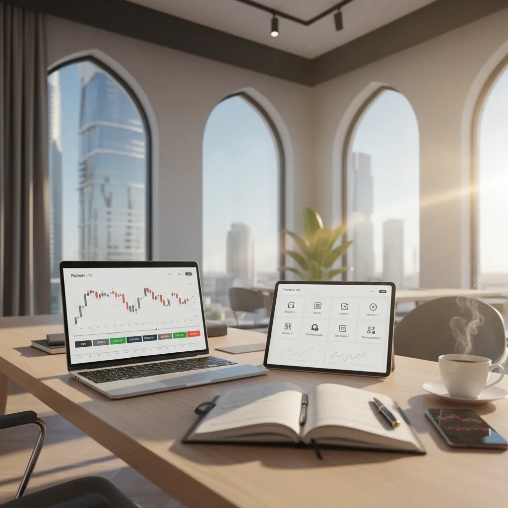 Binary options course review setup with trading platform charts and study materials for UAE traders