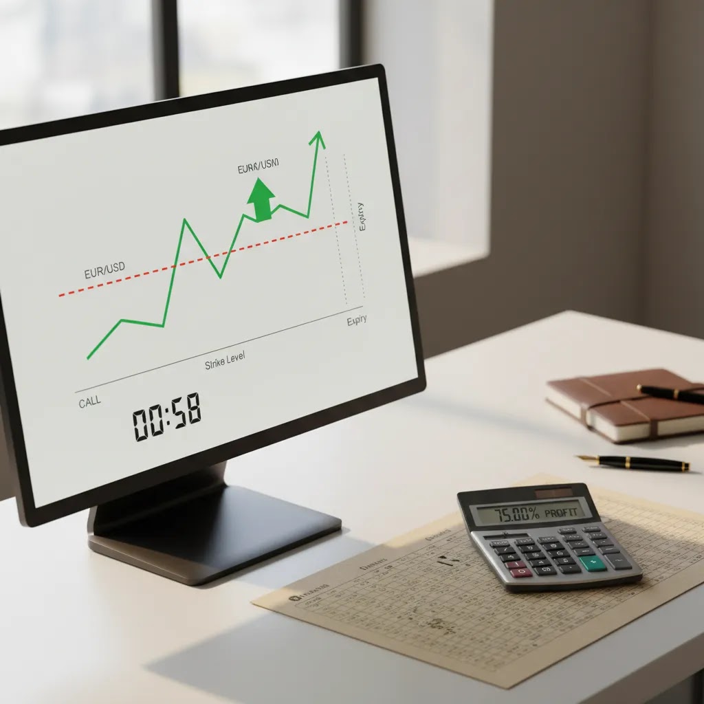 Binary options currency trading illustration with strike price and expiry concept