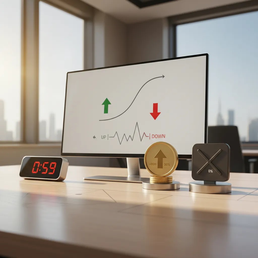 Binary options gambling visual explaining fixed outcomes, short expiry, and up or down market decisions