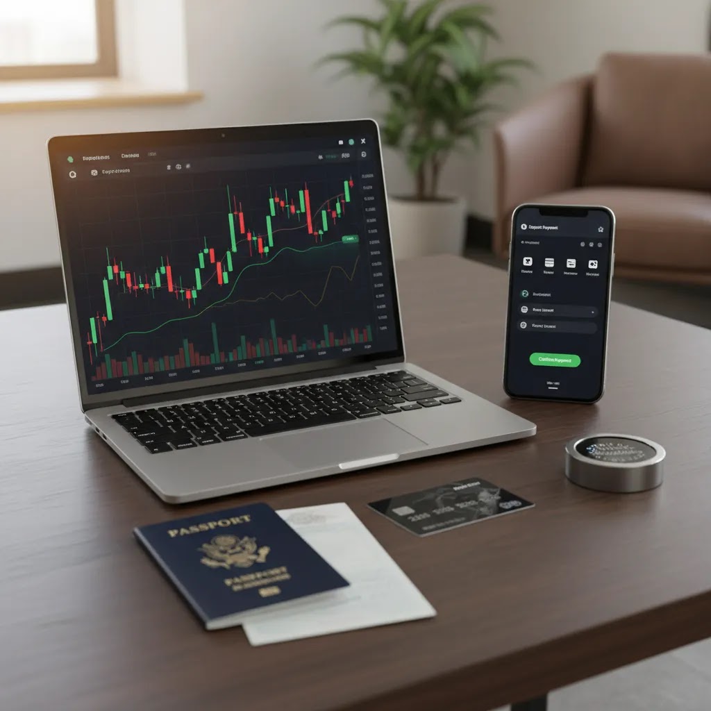 binary options in india shown with offshore broker access setup and trading platform devices