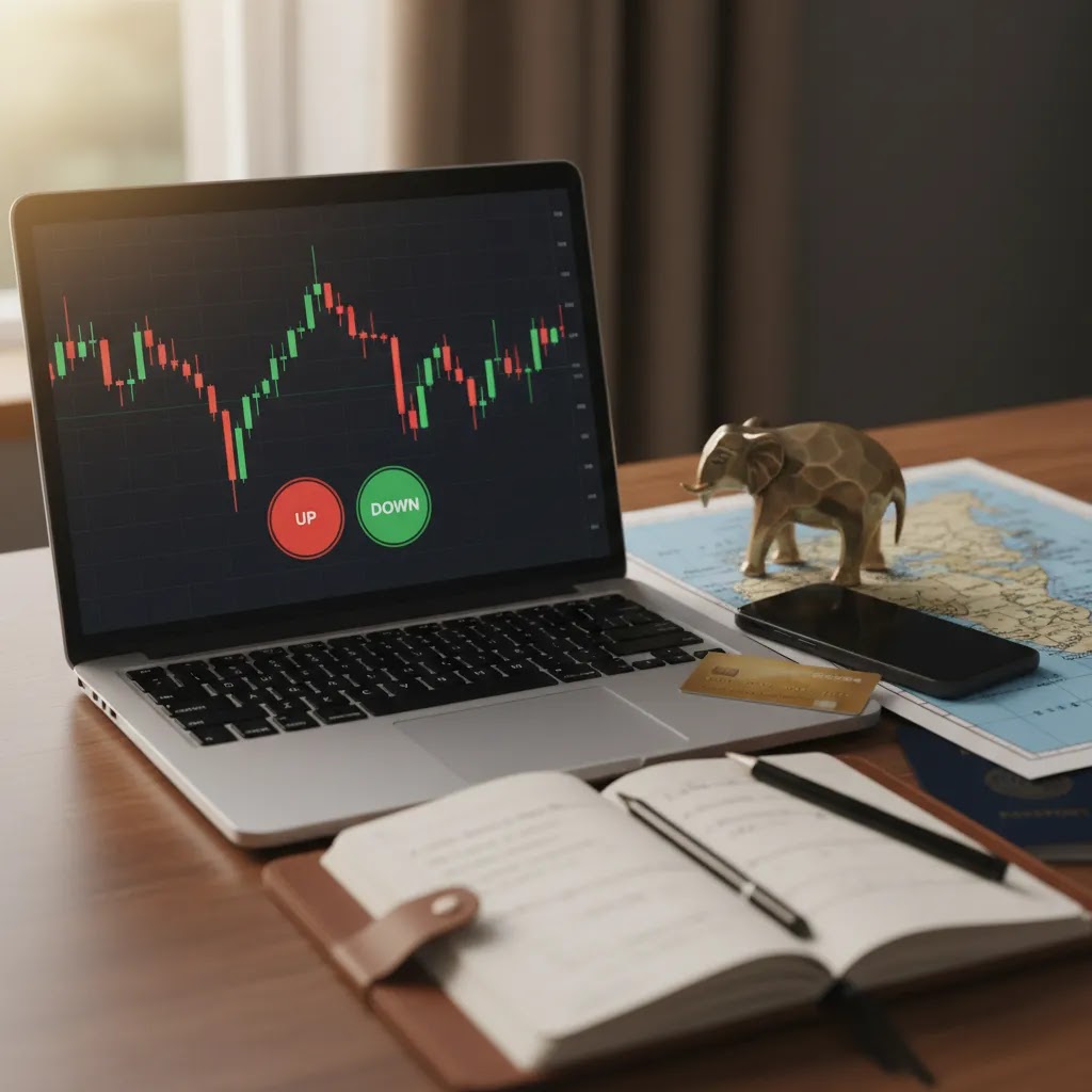 binary options india legal grey area shown through a trading desk with charts and offshore access research