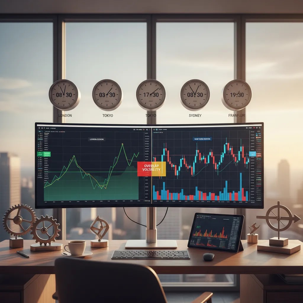 Binary options market hours and session overlap visual showing the best times to trade binary options