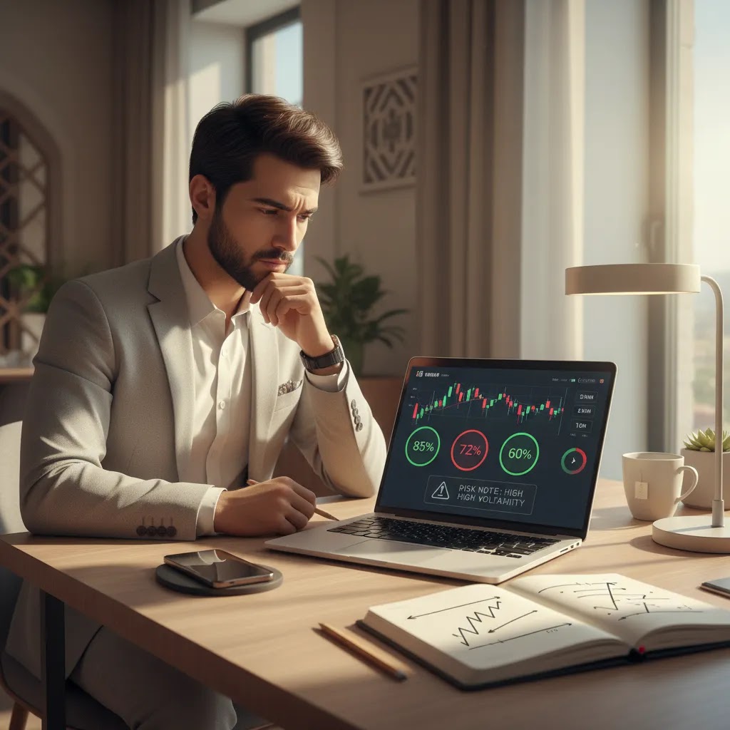 binary options mistakes beginner trader reviewing charts and broker safety checks in UAE
