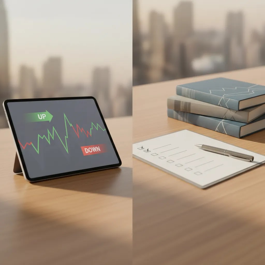 Binary options regulation UK illustration showing trading charts beside regulatory review materials