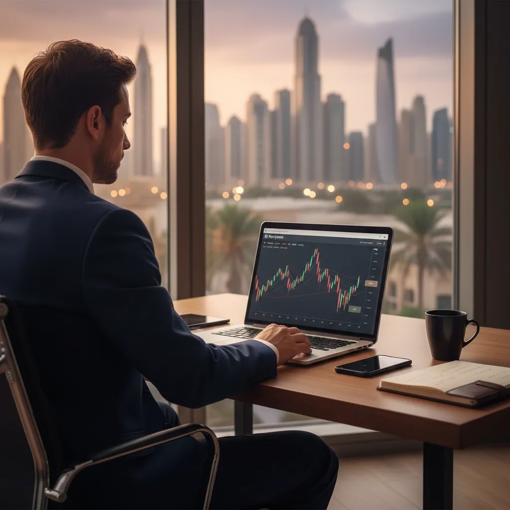 Binary options trading psychology scene showing a UAE trader managing emotions during a short-expiry trading session