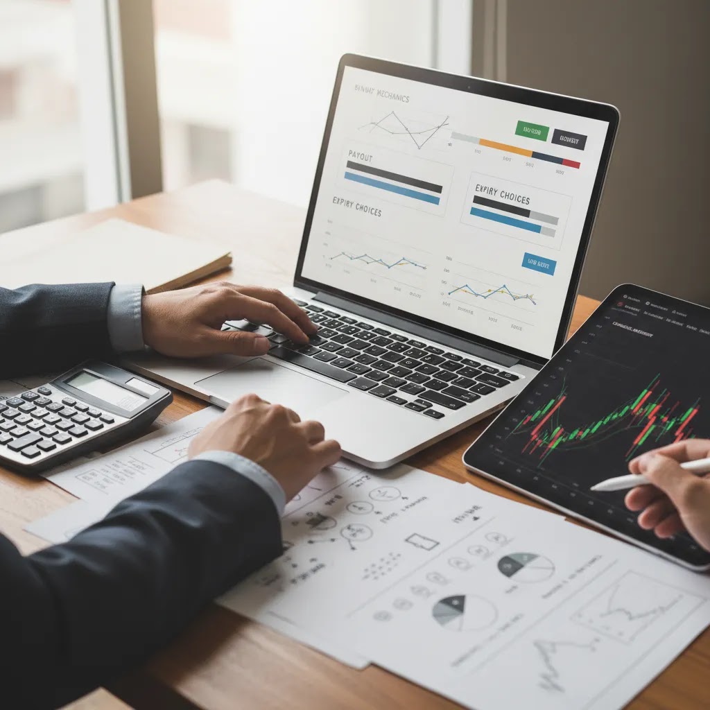 Binary options training image showing payout analysis and expiry evaluation for course learners
