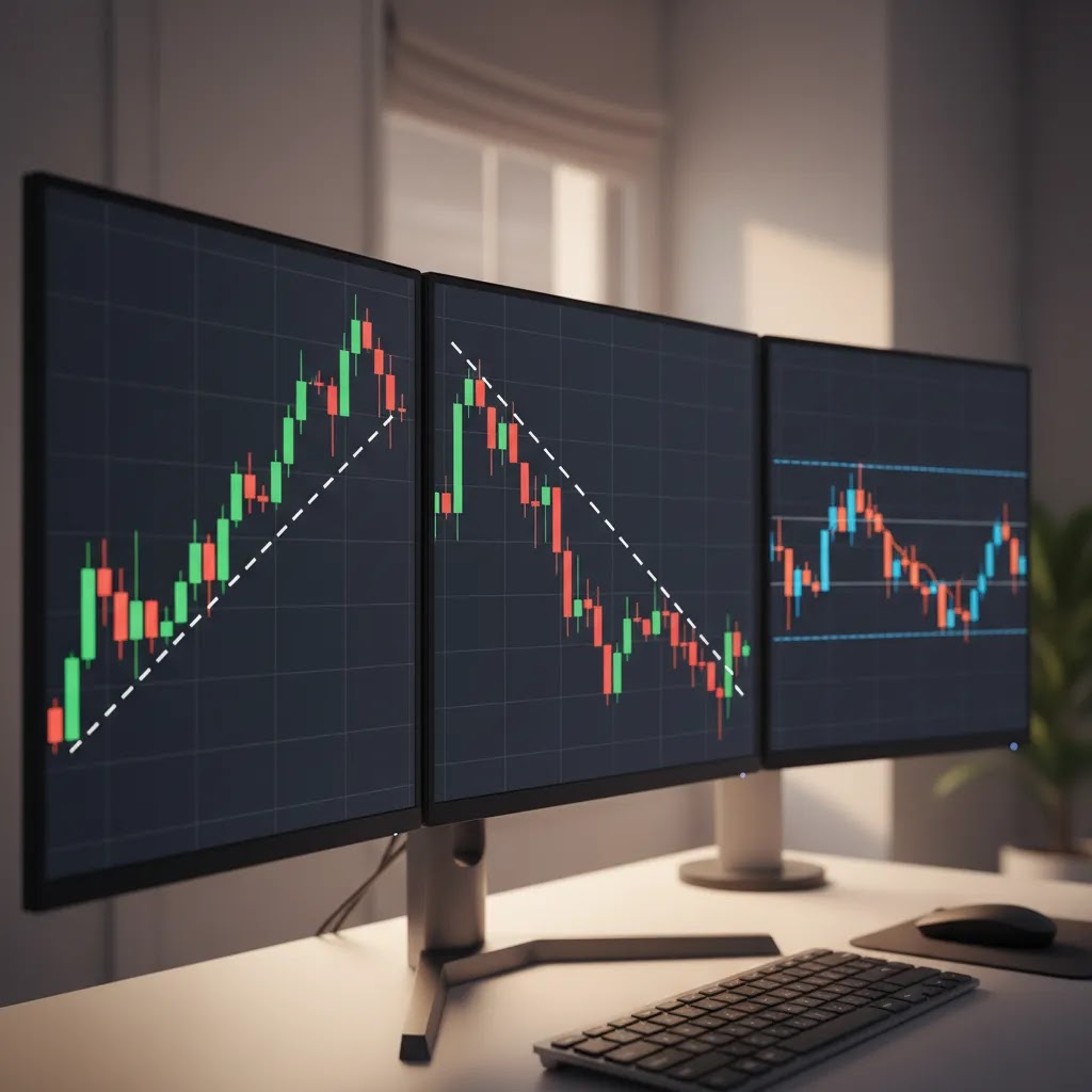 Binary options trendlines examples showing uptrend downtrend and range market conditions for beginners