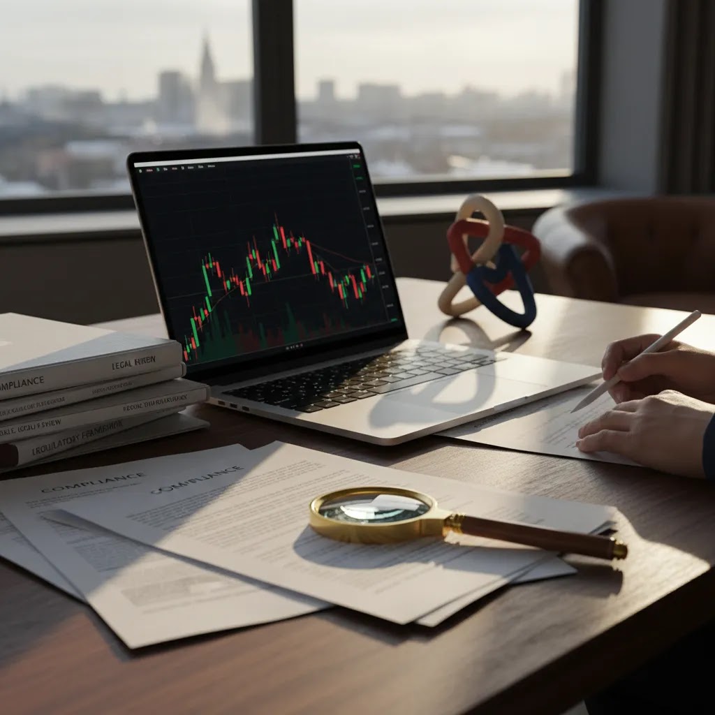 Binary options UK FCA regulation concept showing a trading desk with charts and compliance documents