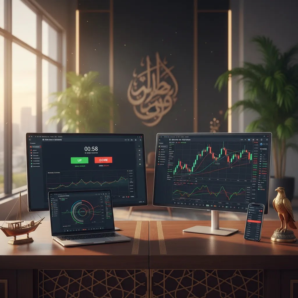 binary options vs forex comparison with dual trading screens in a professional UAE-style office