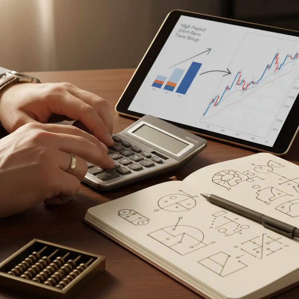 binary options vs forex payouts and risk comparison with calculator tablet and trading charts
