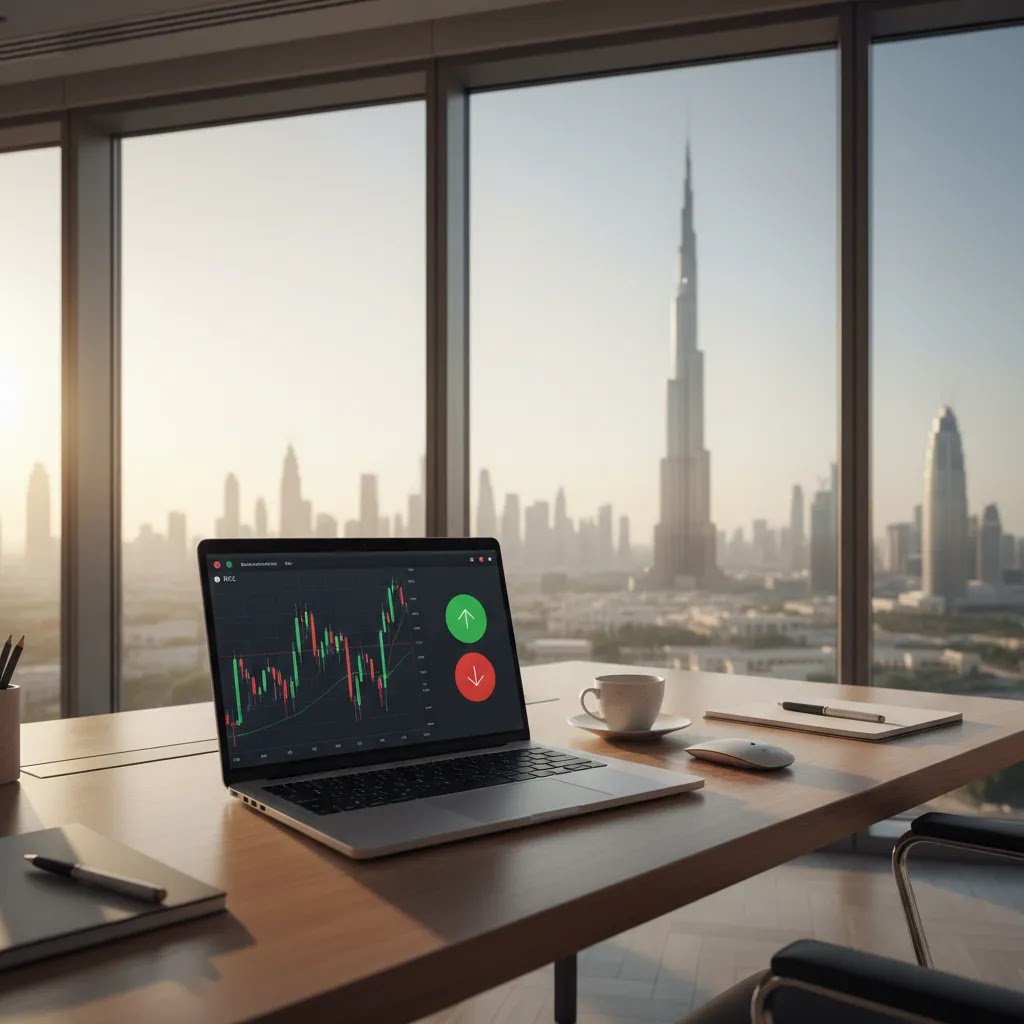 bitcoin binary options trading setup with BTC chart on laptop in a Dubai office