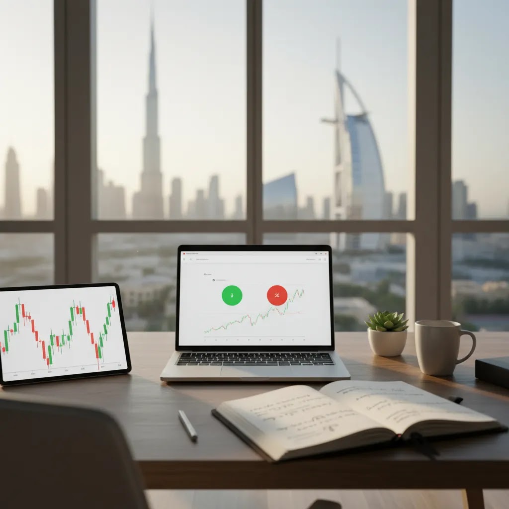 Can you make money with binary options concept showing a UAE trader desk with charts, risk planning, and a professional trading setup