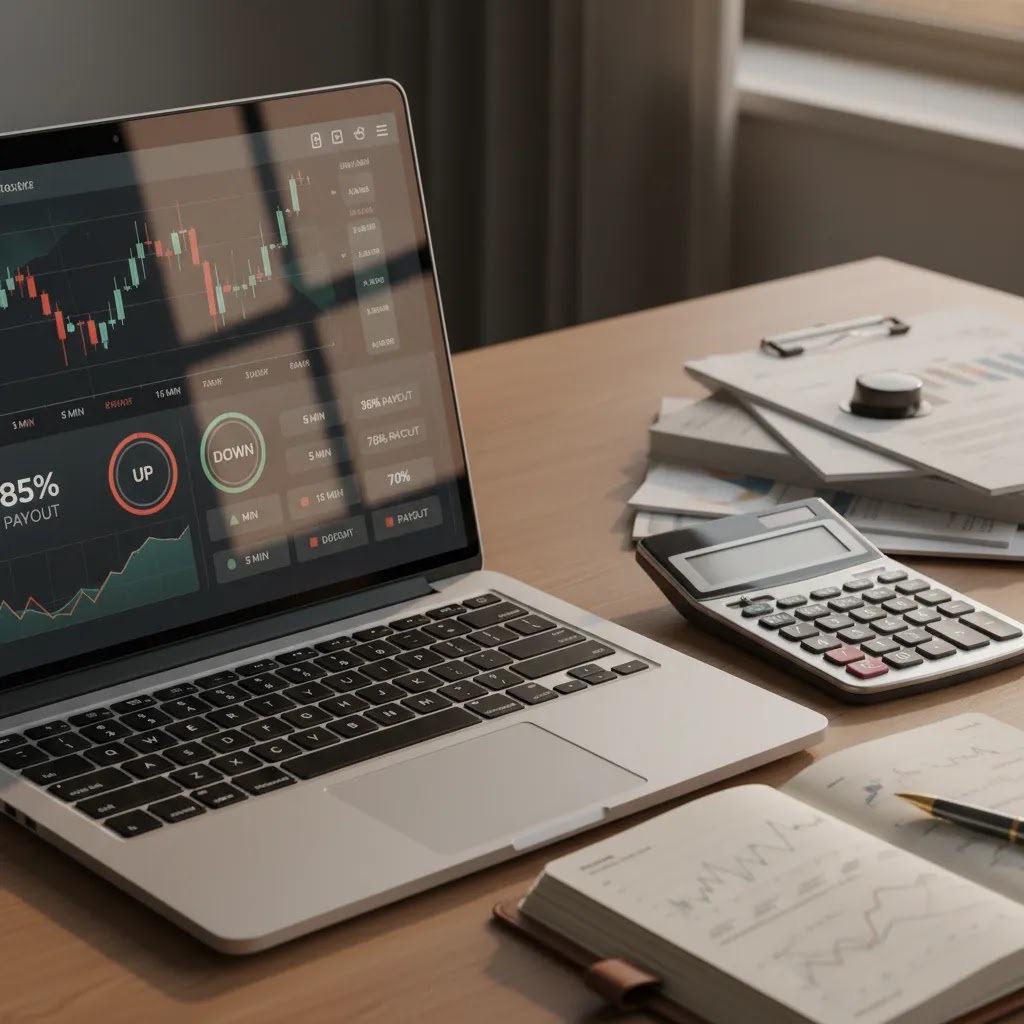 Forex binary options trading interface with payout math and risk planning tools