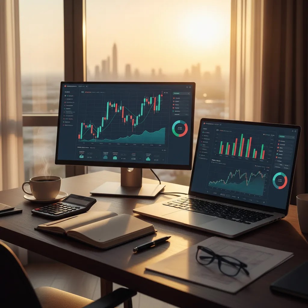 Full time binary options trader guide showing a disciplined home trading workspace with charts and risk planning