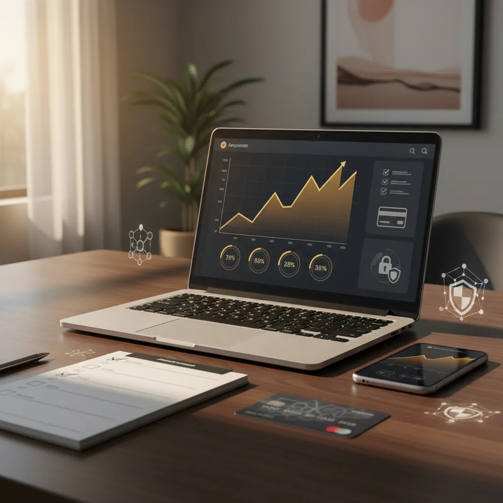 Gold binary options broker evaluation scene with trading platform tools and risk checks