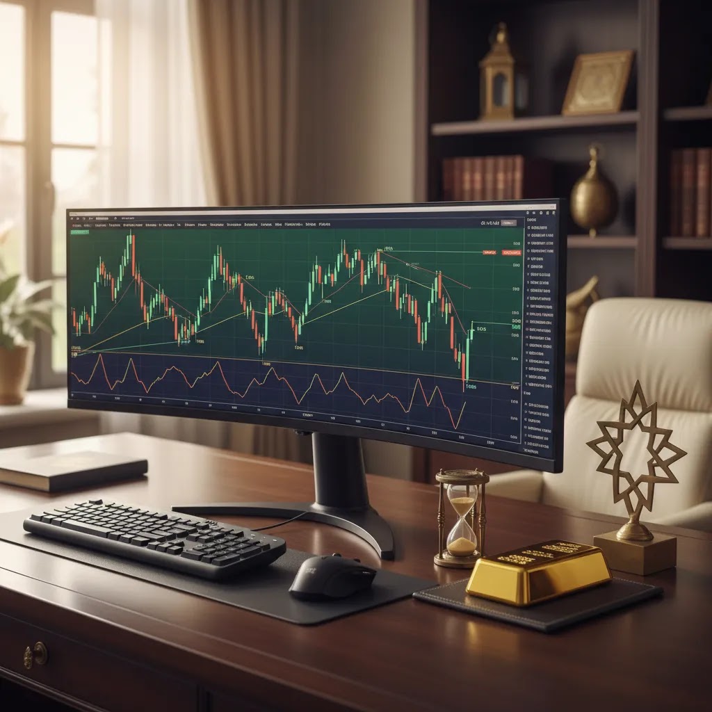 Gold binary options trading setup with gold chart and safe haven asset concept for UAE traders