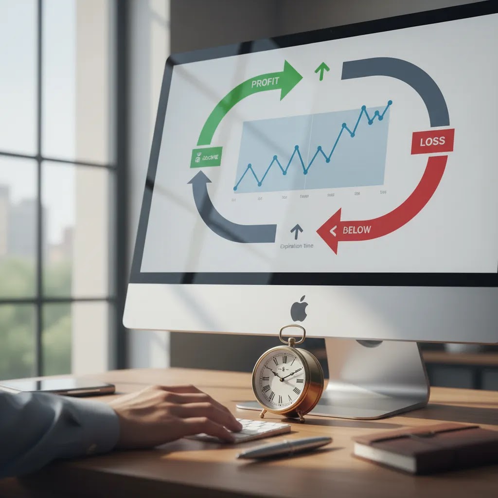 How binary stock options work with stock chart, expiry timing, and above-or-below trade outcome concept