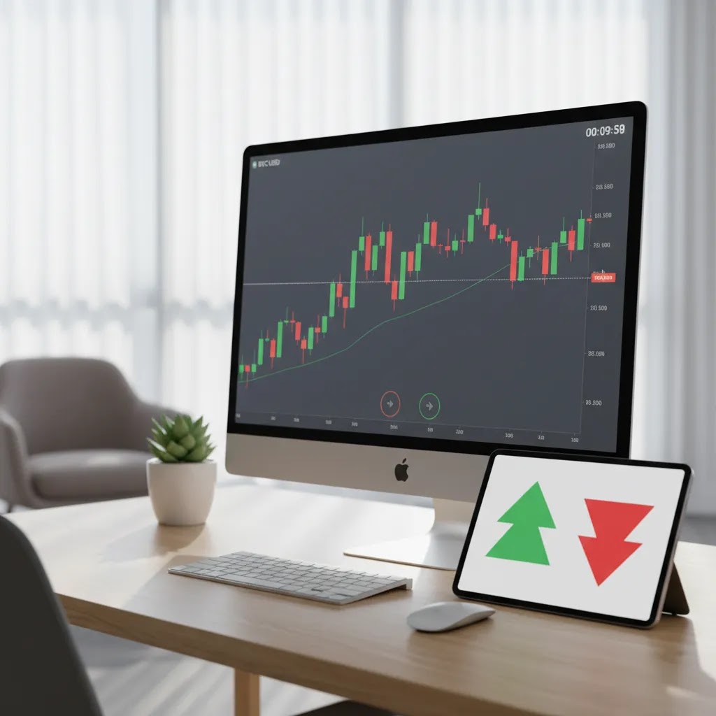 how bitcoin binary options work with BTC price chart and fixed outcome trading interface