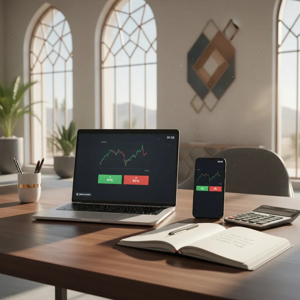 How to trade binary options for beginners with a step-by-step trading setup on laptop and phone