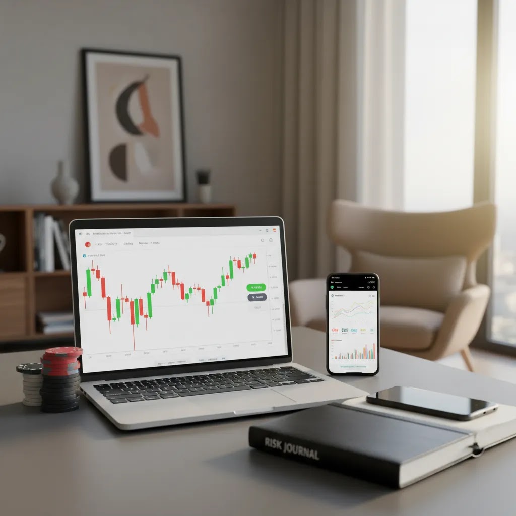 Is binary options gambling concept image showing binary options trading versus gambling with charts, risk tools, and a broker platform setup