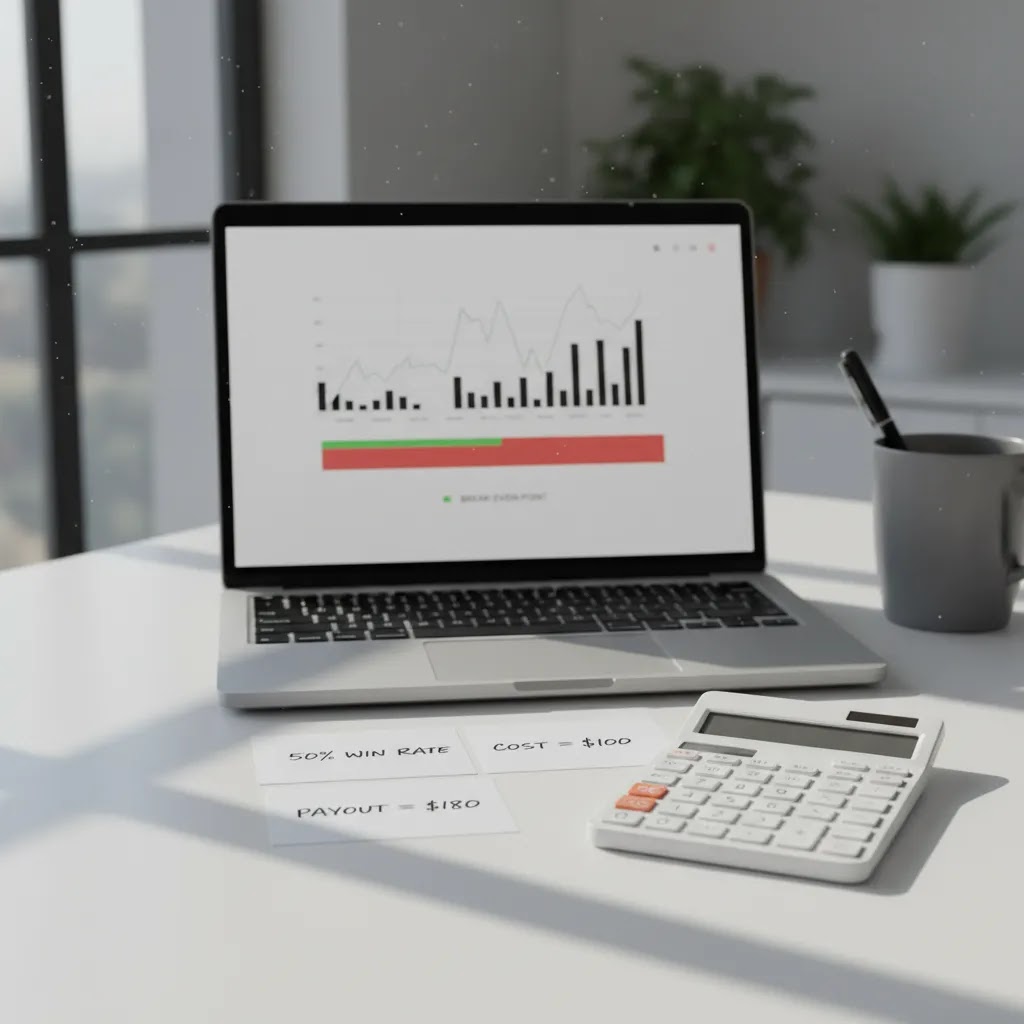 Is binary options profitable visual showing break-even math, payout analysis, and disciplined trading calculations