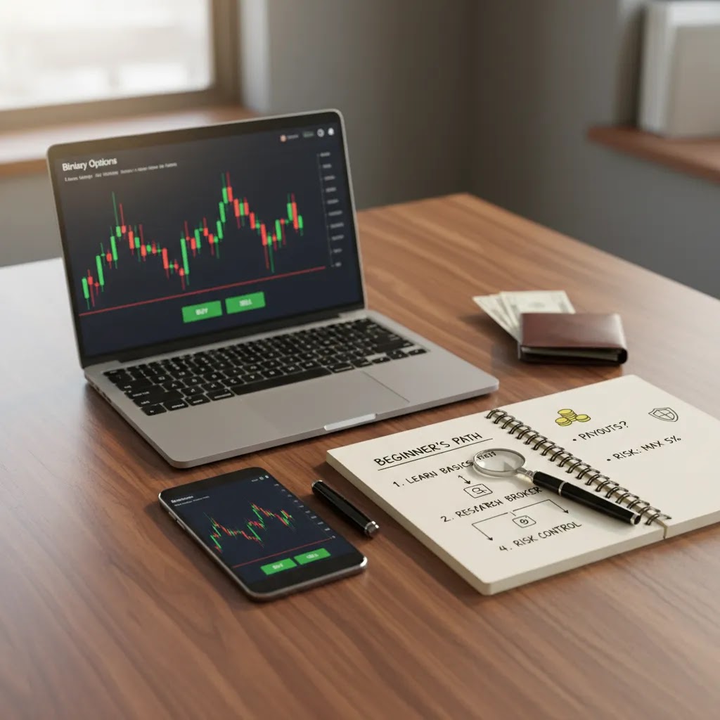 Learn binary options social image for beginners showing structured trading education and broker research