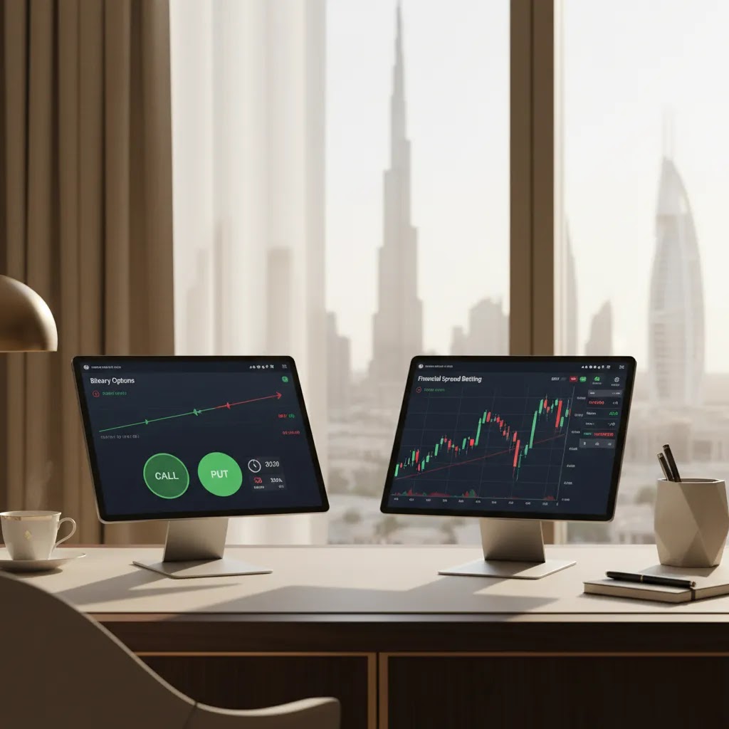 Spread betting vs binary options comparison scene for UAE traders with side-by-side trading platforms