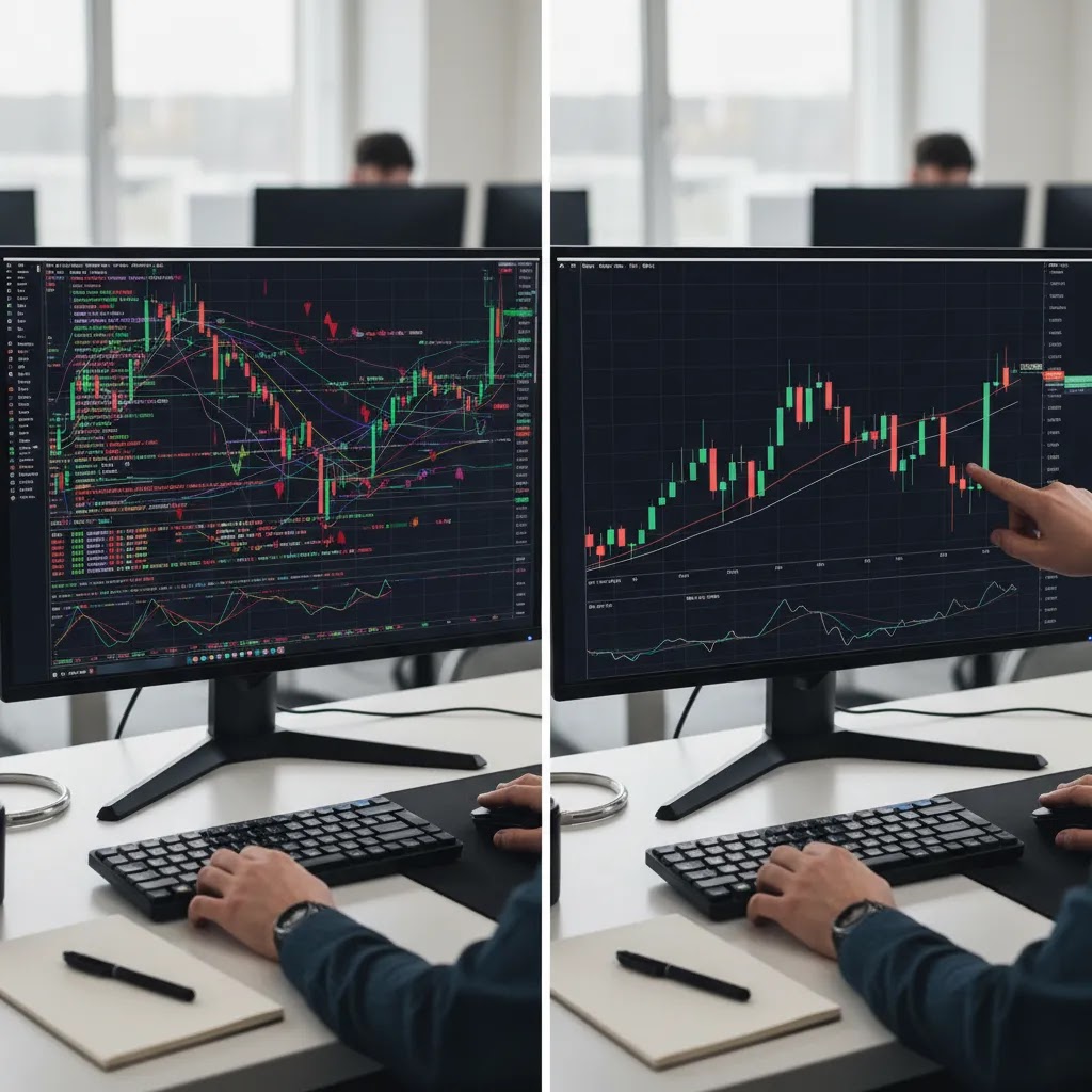Technical analysis binary options comparison of clean chart versus cluttered indicator overload