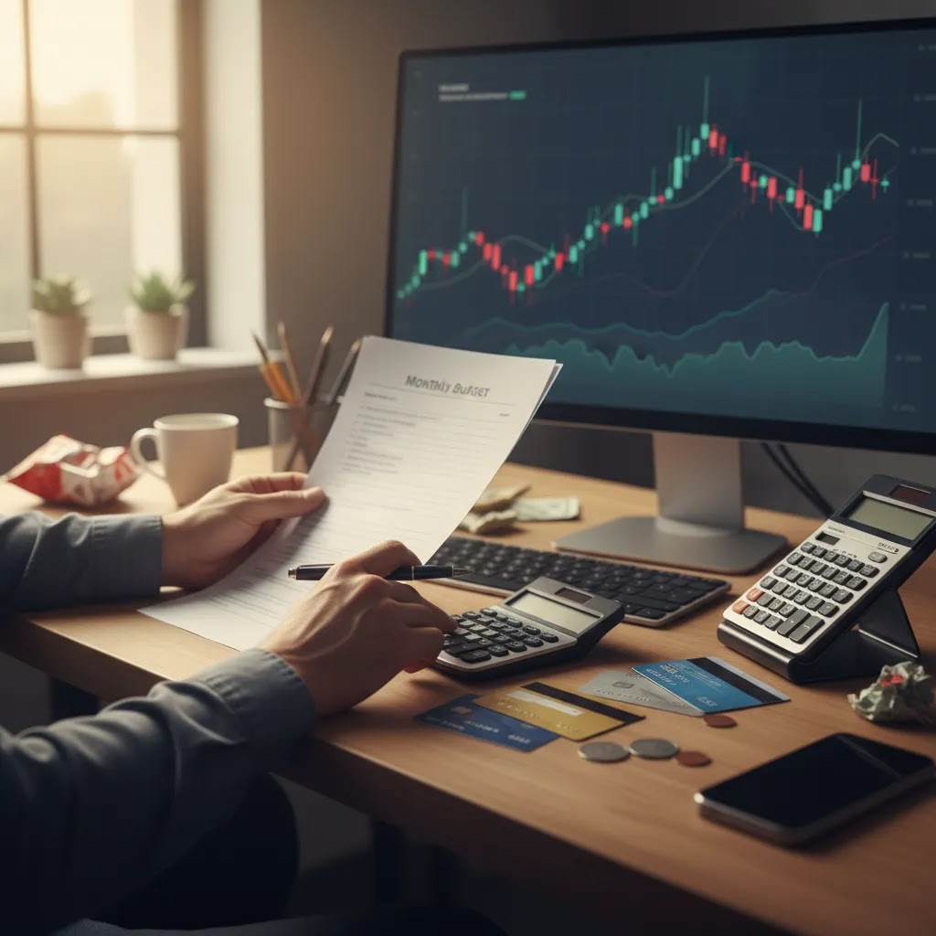 Trading binary options for a living concept with budget planning, expenses, and a trading setup